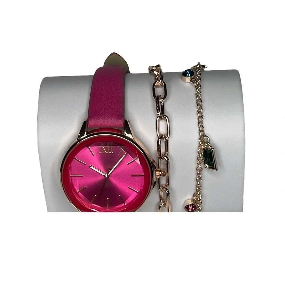 NIB Pink Gold Tone Watch Bracelet 3pc Set  Faux Leather Elegant Fashion Stylish